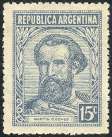 GJ.883, 15c. Martín Güemes, Dim Straight Rays Wmk, With Variety: Unprinted Area In The Hair, VF... - Autres & Non Classés