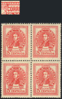 GJ.878, 5c San Martín, National Unsurfaced Paper, Block Of 4, One With VARIETY: Spot Above The C Of... - Autres & Non Classés