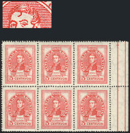 GJ.871a, 5c San Martín, Imported Unsurfaced Paper, Block Of 6, One With VARIETY: Lock Of Hair Over The... - Autres & Non Classés