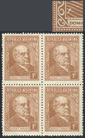 GJ.803, 1c. Sarmiento, Unwatermarked, Block Of 4, Top Right Stamp With Variety: White Spot On The Jacket, VF! - Autres & Non Classés