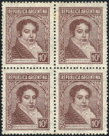 GJ.784, 10c. Rivadavia, Straight Rays Wmk, Block Of 4, With Pointed Lapel, Stain Spot. - Autres & Non Classés