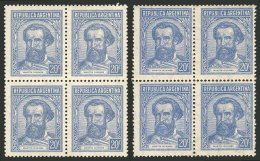 GJ.754, 20c Martín Güemes, 2 Blocks Of 4 Printed On Grené Paper From 2 VERY Different Printings,... - Autres & Non Classés