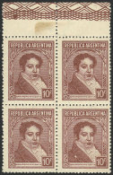 GJ.748, 10c Rivadavia, Round Collar, Round Sun Wmk, Marginal Block Of 4, 2 With VARIETIES: Lower Left Stamp With... - Autres & Non Classés
