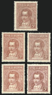 GJ.744, 5c. Moreno, Offset, 5 Singles In Different Shades, On Grené Paper, Pettigiani CV US$25, Very Fine! - Andere & Zonder Classificatie