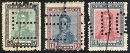 GJ.453O/455O, $5, $10 And $20 San Martín, Horiz Honeycomb Wmk, Perforated INUTILIZADO And With Pen Stroke As... - Other & Unclassified