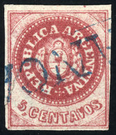 GJ.12, 5c. WITHOUT Accent, Carmine Rose, With FRANCA Cancel Of Rosario In Blue, VF! - Used Stamps