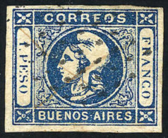 GJ.17, 1P. Blue, With Dotted Cancel + Pen Cancel, Light Thin On Back, Very Good Front! - Buenos Aires (1858-1864)