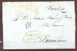1839 , GALICIA , CARTA CIRCULADA ENTRE CORUÑA Y BARCELONA , MARCA PREF. Nº 9 EN VERDE. PORTEO - ...-1850 Prephilately