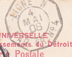 Cachet Octogonal"Ligne N - PAQ. FR. N° 4" Circulé En 1908 Sur CP "Singapore - Cavenagh Bridge (animé) Timbre Décollé - Maritieme Post