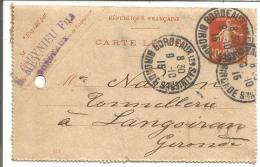 ENTIER SEMEUSE DE BORDEAUX LES SALINIERES (GIRONDE) DU 9/10/1915 - Zonder Classificatie