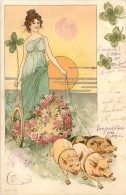 AM.V.R.16-476  :  CARTE ILLUSTREE FEMME STYLE ART NOUVEAU CHAR COCHONS TREFLE - Cochons