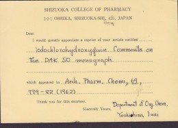 Japan Boxed Red PAR AVION SHIZUOKA COLLEGE OF PHARMACY, SHIZOUKA 1974 Card Karte Denmark (2 Scans) - Covers & Documents