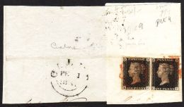 1840 1d Blacks 'KJ' & ''CF' Both From Plate 9, Each With 4 Good / Large Margins Tied Together On Large Piece... - Unclassified