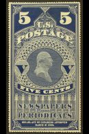 NEWSPAPER 1875 5c Dark Blue, Scott PR5, Unused No Gum, Particularly Crisp And Fresh Example, Usual Minor Thins.... - Other & Unclassified
