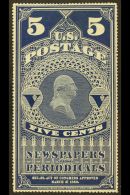 NEWSPAPER 1875 5c Dark Blue, Scott PR5, Unused No Gum, Particularly Crisp And Fresh Example, Usual Minor Thins.... - Andere & Zonder Classificatie