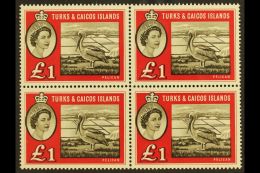 1960 £1 Sepia & Deep Red Pelican, SG 253, Superb Never Hinged Mint BLOCK Of 4, Very Fresh. (4 Stamps)... - Turks & Caicos (I. Turques Et Caïques)