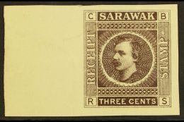 REVENUES RECEIPT 1875 3c Large Sir Charles Brooke Receipt Stamp IMPERF PLATE PROOF In Grey- Brown On Thin Card... - Sarawak (...-1963)