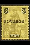 1926 3d Black On Yellow Ovptd "Postage", Variety "Ovpt Inverted", SG 149a, Fine Mint, Usual Toned Gum. For More... - Malta (...-1964)