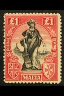 1922 £1 Black And Carmine-red, Watermark Sideways, SG 139, Very Fine Mint. For More Images, Please Visit... - Malta (...-1964)