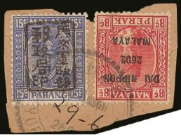 1942 GENERAL ISSUES 15c Ultrammarine With Black Ovpt, SG J183, Tied On Piece With Perak 8c Scarlet, SG J248 By... - Sonstige & Ohne Zuordnung