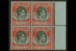 1937-41 $1 Black And Red On Blue, SG 290, Never Hinged Mint Marginal BLOCK OF FOUR, Usual Streaky Gum. (4 Stamps)... - Straits Settlements