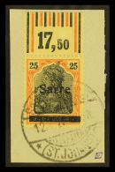 1920 25pf Black & Yellow-orange (gelborange) On Yellow "Sarre" Overprint Type I Upper Marginal Example, Michel... - Andere & Zonder Classificatie