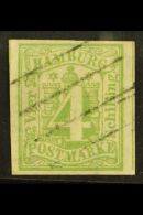 HAMBURG 1859 4s Yellow-green Imperf, Michel 5a, Very Fine Used With Four Good To Large Margins And Neat Barred... - Other & Unclassified