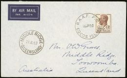 1952 (16 July) Airmail Envelope To Australia, Carried On The Qantas Route- Proving Survey Flight, Bearing KGVI... - Cocoseilanden