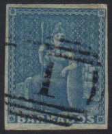 1852-55 1d Blue, Blued Paper, SG 3, Fine Used With Barred "1" Cancel & 4 Small To Good Margins. For More... - Barbados (...-1966)