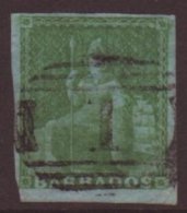 1852 ½d Yellow Green Britannia On Blued Paper, SG 1, No Watermark, Imperf With Four Margins, Tiny Thin,... - Barbades (...-1966)