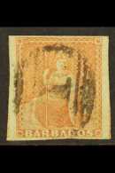 1852 (4d) Brownish Red On Blued Paper, SG 5, Very Fine Used With Neat Central Barred "1" Cancel And Huge Margins... - Barbados (...-1966)