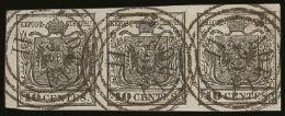 LOMBARDY-VENETIA 1850 10c Black On Hand-made Paper, Sass 2, (Mi 2Xa), Superb Used Strip Of 3 With Huge Margins All... - Other & Unclassified