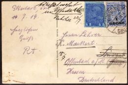 1914 MIXED FRANKING CARD TO GERMANY PPC Of Wilhelm I Of Albania, Franked With Albania 1gr On 25q Blue And Austrian... - Albania