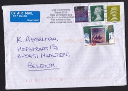 UK: Airmail Cover To Belgium, 2014, 4 Stamps, Cancel Reduce Dog Attacks On Postal Workers, Safety Postman (minor Damage) - Brieven En Documenten