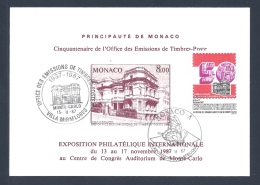 Monaco Gravure 50 Ans De Office Emissions Timbre Poste Exposition Philatélique 13 Au 17 Novembre 1987 CACHETS + Vignette - Ganzsachen