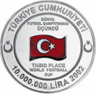 AC - THIRD PLACE WORLD FOOTBAL CUP COMMEMORATIVE SILVER COIN TURKEY 2002 PROOF UNCIRCULATED UNC - Turkey