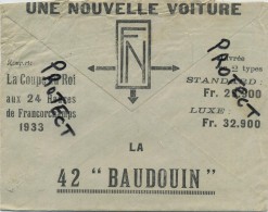 FN HERSTAL :  Voiture  ´ LA BAUDOUIN  : La Coupe Du Roi Aux 24 Heures De Francorchamps ( 1934  )  Vieux Enveloppe - Briefe