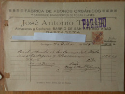 Q391-DOCUMENTO ANTIGUA FACTURA CON SELLO FISCAL AÑO 1919  FABRICA DE ABONOS ORGANICOS Y CARROS DE TRANSPORTE JOSE ANTONI - España