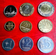 Lithuania 5,2,1 Litai, 50,20,10 Centu, 5,2,1 Centai, 9 COINS FULL SET ALL UNC  -1991 ,2008, 2013 - Lituanie