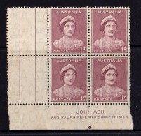 Australia 1941 Queen Elizabeth 1d Red-Brown Ash Imprint Gutter Block Of 4 - 3 MNH, 1 MH - See Notes - Mint Stamps