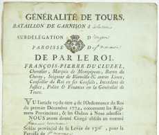 DU CLUZEL, Francois Pierre (1734-1783). Marquis De Montpipeau. Intendant De Tours - MILICE 1782 Saint-Macaire - Documents Historiques