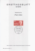 Germany Deutschland 1975-13 Paul Lobe Politician, President Of The Reichstag, First Day Sheet, Canceled In Berlin - 1974-1980