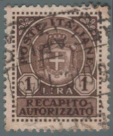 Italia - Recapito Autorizzato Con Nuovo Stemma (senza Fasci) - Lire 1 Bruno - 1946 - Servicio Privado Autorizado