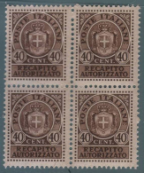 Recapito Autorizzato Con Nuovo Stemma (senza Fasci) 40 C. Bruno / Blocco Di Quattro - 1945 - Servicio Privado Autorizado