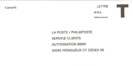 Lettre T La Poste/Phil@poste 20re Validité Permanente - Cards/T Return Covers