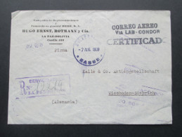 Bolivien 1939 Luftpostbeleg Correo Aero / Via LAB Condor. MiF.Registered Letter/Certificado. Marken Rückseitig Frankiert - Bolivia