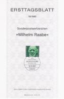 Germany Deutschland 1981-18 ETB ERSTTAGSBLATT "Wilhelm Raabe" Novelist Writer Jewish, First Day Sheet, Bonn - 1981-1990