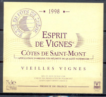 216 - Côtes De Saint Mont - 1998 - Esprit Des Vignes - Vieilles Vignes - Union Des Producteurs Plaimont 32400 Saint Mont - Rouges