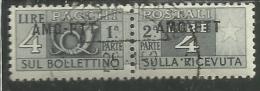 TRIESTE A 1949 1953 AMG-FTT ITALY OVERPRINTED SOPRASTAMPATO D´ ITALIA PACCHI POSTALI LIRE 4 USATO USED OBLITERE´ - Postal And Consigned Parcels