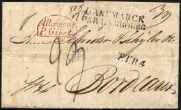 HAMBURG VORPHILA 1831, DANEMARCK PAR HAMBOURG, L2 Auf Brief Von Copenhagen Nach Bordeaux, L1 T.T.R.4 Und Roter Segmentst - Prefilatelia